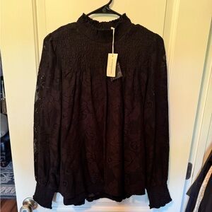 Sundance Catalog Mock Neck Black Lace Blouse L - NWT
